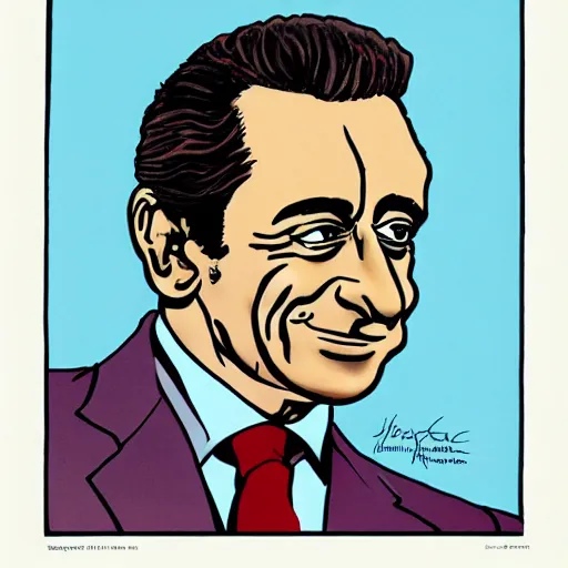 Prompt: portrait of Nicolas Sarkozy by Hergé, ligne claire french cartoon vivid colors