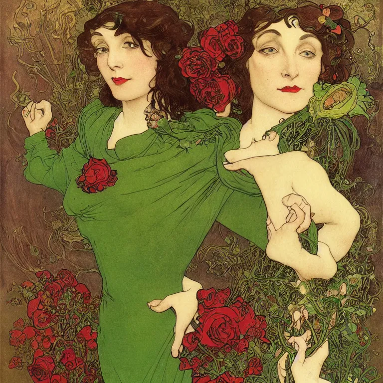 Image similar to A brunette woman standing in a green dress on a gold background, with black roses and red lips Anton Pieck,Jean Delville, Amano,Yves Tanguy, Alphonse Mucha, Ernst Haeckel, Edward Robert Hughes,Stanisław Szukalski and Roger Dean