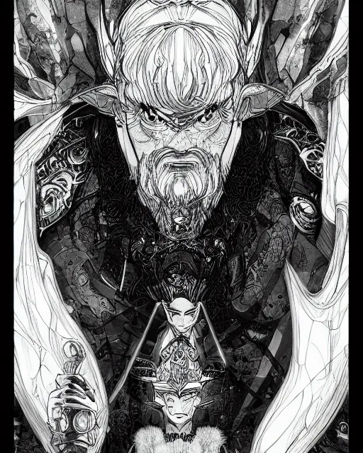 Image similar to An old man looking into a mirror, black and white, fantasy art, in the style of masami kurumada, illustration, epic, fantasy, intricate, hyper detailed, artstation, concept art, smooth, sharp focus, ray tracing