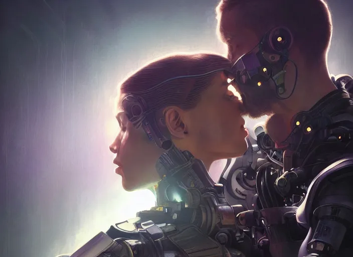 Image similar to ultra realistic medium shot of a couple of cyborgs kissing, lovers, cyberpunk, sci - fi, kodak, faces, colour led, soft light, volumetric lighting, fog, rays, night, station, intricate detailed, digital painting, concept art, smooth, sharp focus, illustration, art by artgerm and greg rutkowski and alphonse mucha