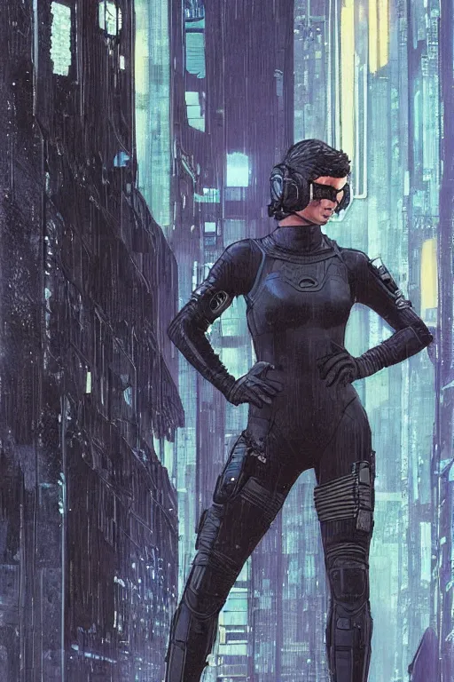 Image similar to selina. blackops mercenary in near future tactical gear, stealth suit, and cyberpunk headset. Blade Runner 2049. concept art by James Gurney and Mœbius.