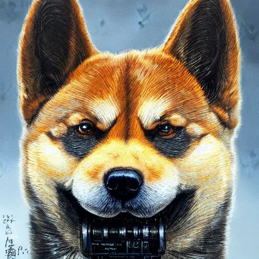 Image similar to wearing warhammer 4 0 0 0 0 emperor armor realistic anthropomorphic shiba inu scifi cyberpunk, visible face closeup portrait art by donato giancola and greg rutkowski, vintage retro scifi, realistic face, digital art, trending on artstation, symmetry