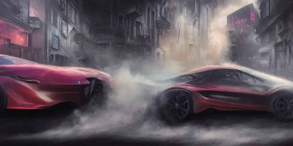 Image similar to full view of a sport car, surrounded in a detailed smoke, wet street, painted in dark color holographic pearlescent, elegant, digital painting, concept art, smooth, sharp focus, art style from Wang Ke and Greg Rutkowski and Bruce Kaiser and Scott Robertson and Dmitry Mazurkevich and Doruk Erdem and Jon Sibal, small style cue from Mad Max