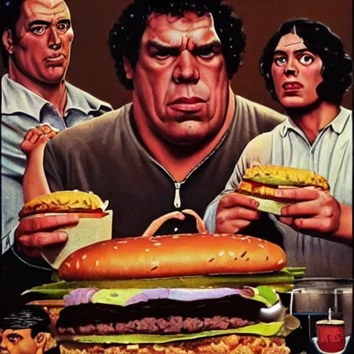 Prompt: andre the giant eating a massive big mac hamburger, extra pickles and onions, ultra detailed, style of norman rockwell, style of richard corben, 4 k, rule of thirds.