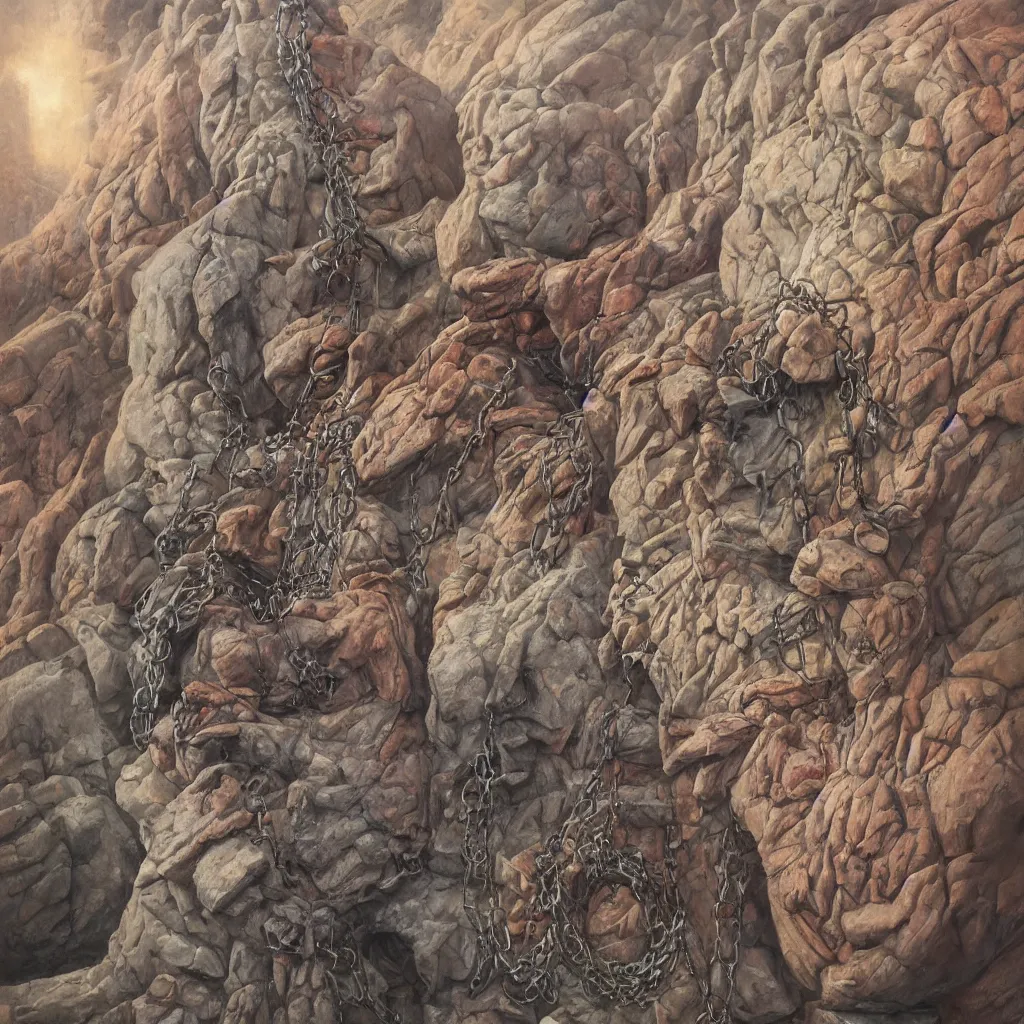 Image similar to oil painting of donald trump shackled to a giant stone letter q, painted by dan seagrave, wayne barlowe and zdzisław beksinski, front and center, intricate detail