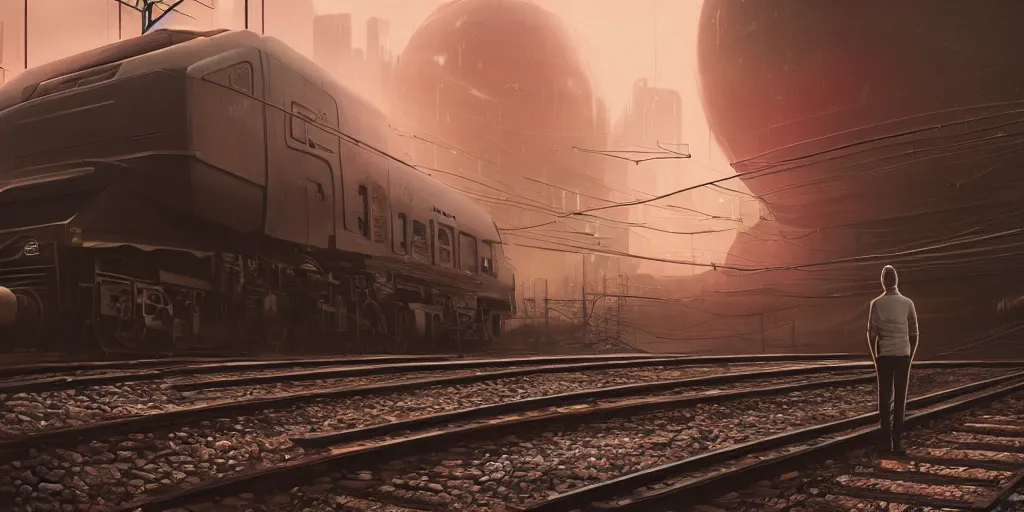Image similar to a man standing in front of a train on a train track, cyberpunk art by mike winkelmann, trending on cgsociety, retrofuturism, reimagined by industrial light and magic, darksynth, sci - fi