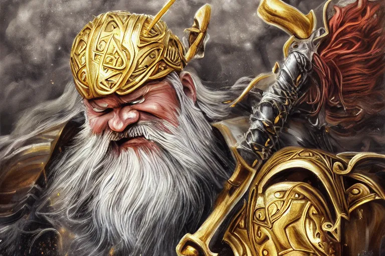 Image similar to mythological angry odin all father supreme God of thunder and smithing and artificial intelligence creating an artificial neural network with gold synapses on an anvil with his mighty hammer, high resolution, award winning art, trending on art station, sharp image, incredibly detailed, detailed character, realistic painting, hyper-realistic painting, coherent painting, master piece by Kyozu Aroyama