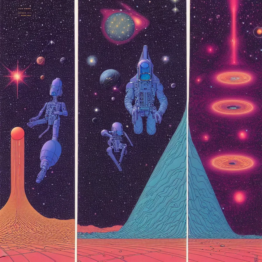 Image similar to the dimensional gap at the end of the galaxy by mœbius, overdetailed art, colorful, artistic record jacket design