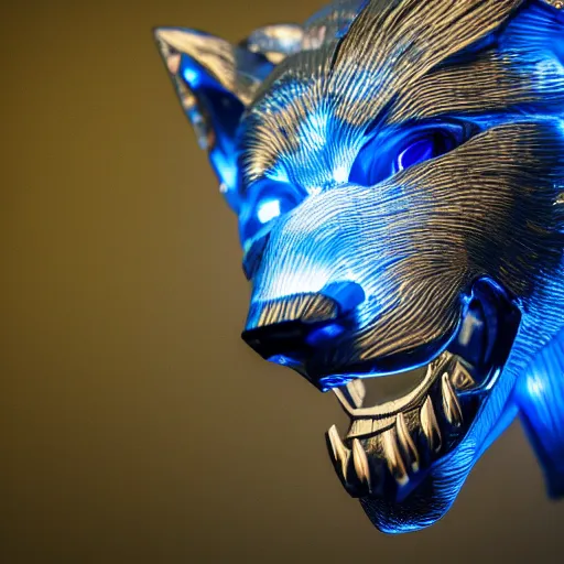 Image similar to portrait photography of a silver wolf sculpture with glowing blue eyes