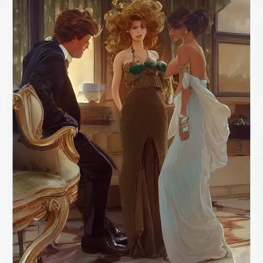 Image similar to Scene from Pretty Woman with crocheting figures. Elegant, intricate, digital painting, artstation, concept art, smooth, sharp focus, illustration, art by artgerm and greg rutkowski and alphonse mucha