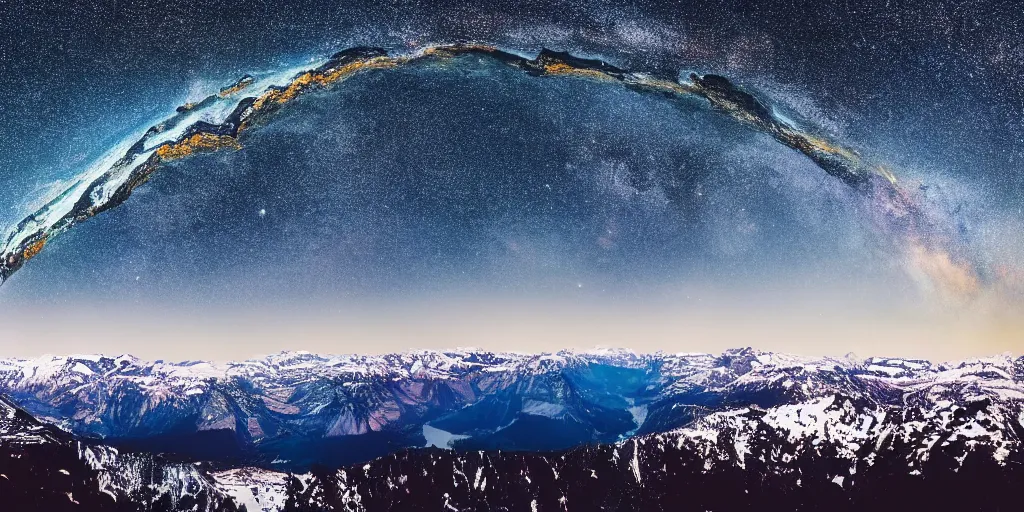 Prompt: Galaxy arch, the foreground is snowy mountains and lakes, in the style of National Geographic magazine