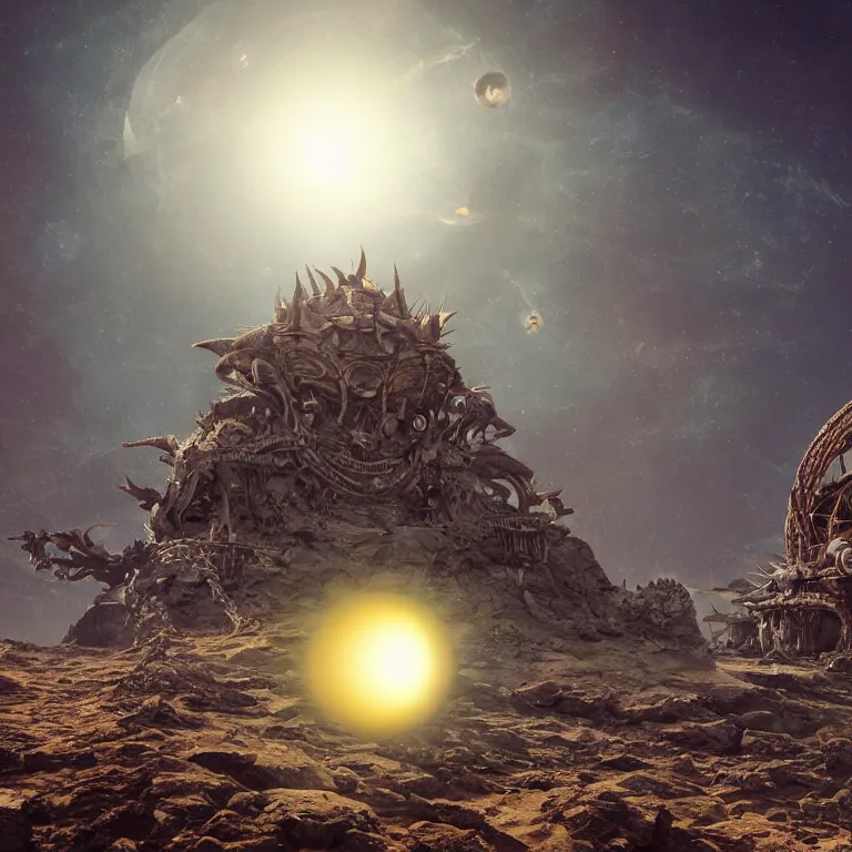 Prompt: old vintage dslr photo of surreal spiky alien extraterrestrial biomechanical temple on exoplanet with three suns beautiful detailed intricate insanely detailed 3D render digital art, octane render, 8K artistic photography, photorealistic
