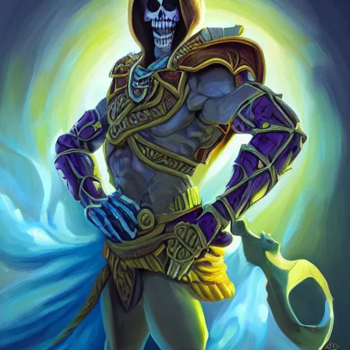 Image similar to portrait painting of skeletor, dnd beyond avatar portraits, beautiful, artistic, elegant, lens flare, magical, nature, realism, stylized, art by jeff easley and genndy tartakovsky