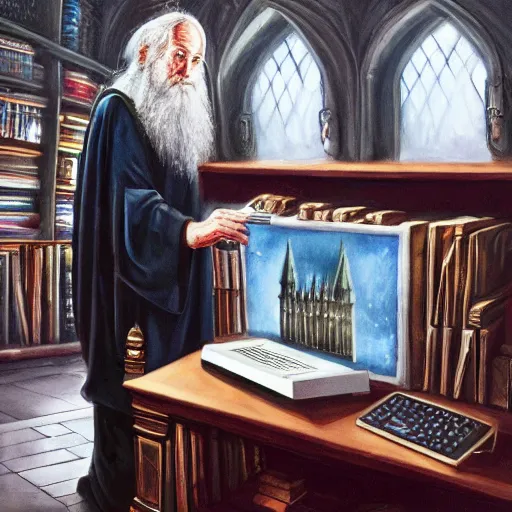 Image similar to Albus Dumbledore fixing the Hogwarts supercomputer, oil painting 4k