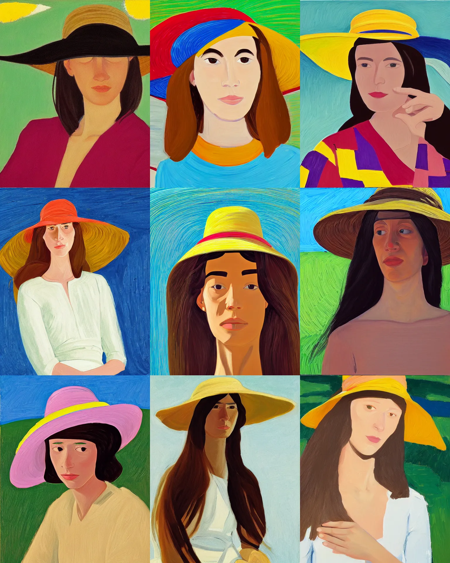 Prompt: portrait of a young woman with sun hat, long hair, light background, colorful, peaceful, by alex katz, close up