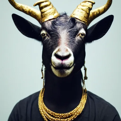 Prompt: Cinematic still of a sculpture of an anthropomorphic goat wearing a gold crown and royal robe, portrait, shallow depth of field, rap album cover