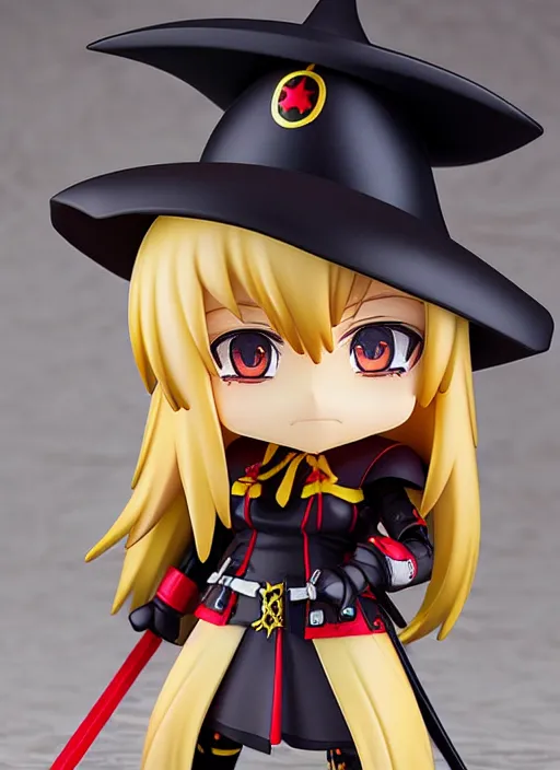 Image similar to nendoroid anime beautiful female witch with long blonde hair and a sword in her hands, red eyes, pretty symmetrical face, fullbody, black and red armor, magic, anime, nendoroid, magical, motes of light