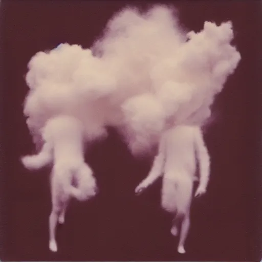 Prompt: polaroid of headless dancers that are made from cotton candy, smoke and clouds, lightning strike