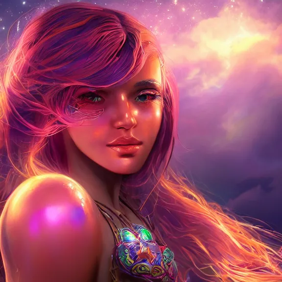 Image similar to highly detailed close up portrait of a celestial girl with a body made of cosmic energy, character art, studio lightning, bright colors, intricate, masterpiece, photorealistic, hiperrealistic, sharp focus, high contrast, Artstation HQ, DeviantArt trending, 4k UHD, Unreal Engine 5