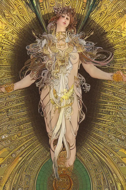 Image similar to a bull god angel of tranquility, hyper detailed, character concept, full body, dynamic pose, intricate, lineart, cerpuscular rays, by yoshitake amano, alfons mucha, 8 k, unreal