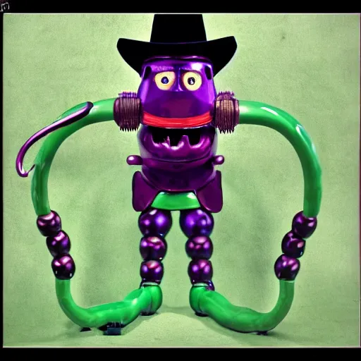 Prompt: ' uncle aloysius'portrait of cybernetic anthropomorphic steam train railway engine cowboy snake grape juice caveman hydra bull oil marionette |'snake oil'|'uncle aloysius'| purple green color scheme | 3 5 mm film, 8 k, 1 0 8 0 p