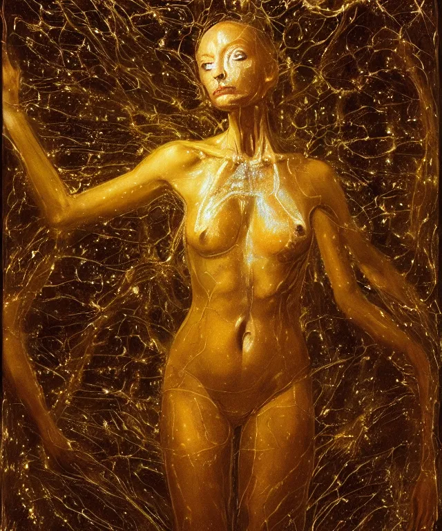 Prompt: Beautiful full-body wax sculpture of a glowing clothed transparent moth with a woman face in a glowing dress with visible gold bones covered with melted white wax inside the singularity where stars becoming baroque folds of dark matter by Michelangelo da Caravaggio, Nicola Samori, William Blake, Alex Grey and Beksinski, dramatic volumetric lighting, highly detailed oil painting, 8k, masterpiece