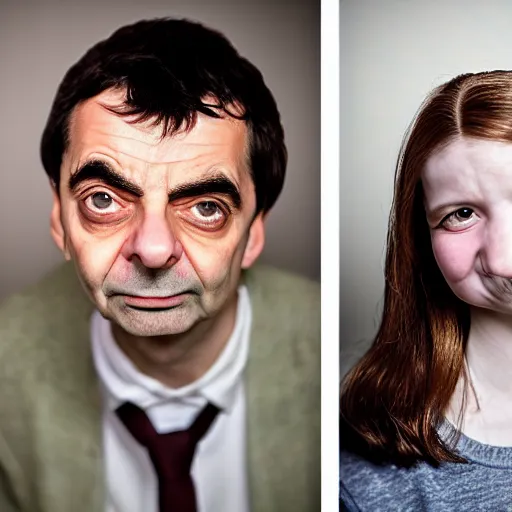 Image similar to A portrait mr bean elizabeth teams up with a teenage mr bean, perfect faces, 50 mm, award winning photography