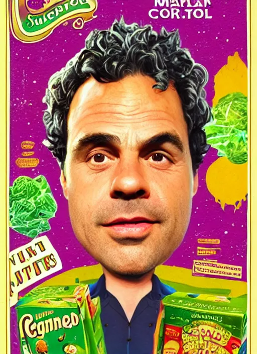 Prompt: surrealist mark ruffalo on a cereal box, recursion