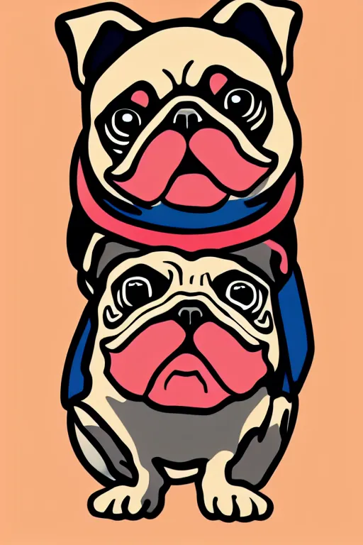 Image similar to Pug as war criminal, sticker, colorful, illustration, highly detailed, simple, smooth and clean vector curves, no jagged lines, vector art, smooth