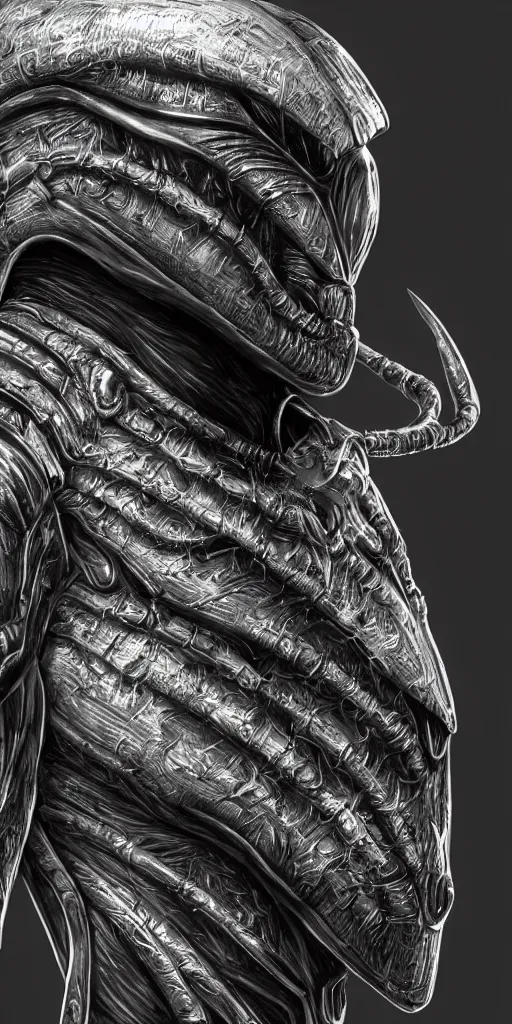 Image similar to a photo realistic portrait of an alien creature with highly detailed features wearing metal armor, dramatic rim lighting, concept art