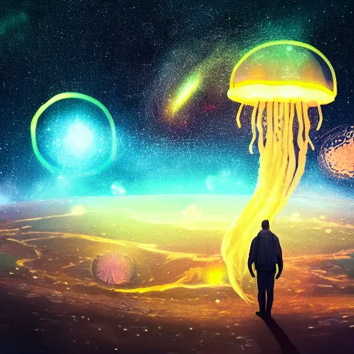Prompt: over the shoulder photo of a man watching many magic glowing jellyfish in glowing cosmic stardust, colorful stars, galaxies, space, award winning photo, intricate, high detail, atmospheric, desolate, artstation