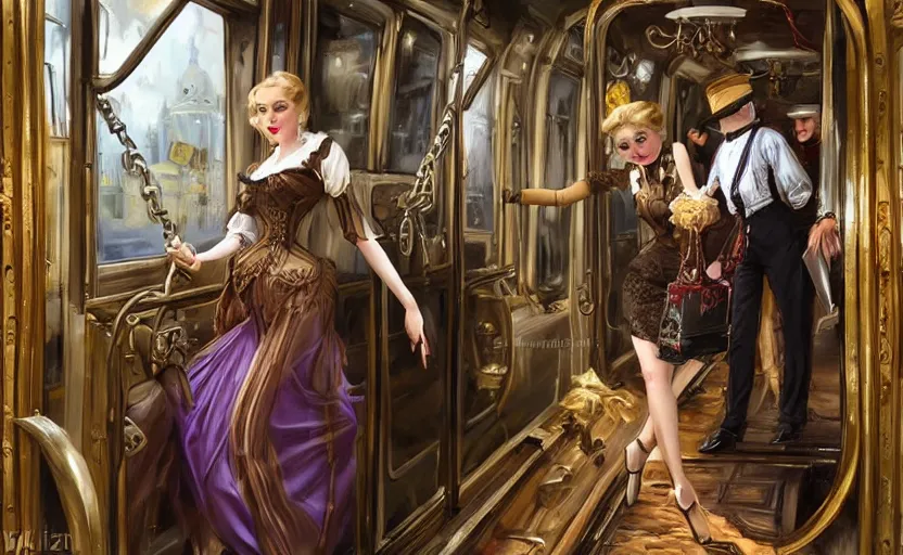 Prompt: A beautiful lady with blonde hair in a steampunk suit with a long skirt leaves the train of the Victorian era, by Konstantin Razumov, horror scene, highly detailded