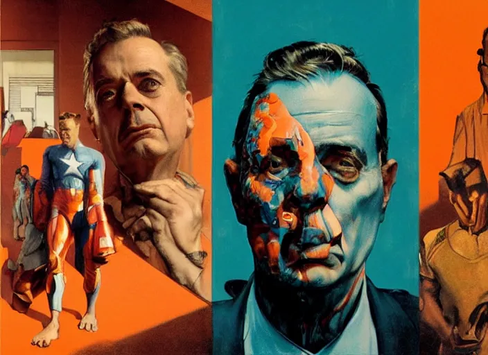 Image similar to a still from the movie avengers : endgame of francis bacon and norman rockwell and james jean, a still from the movie the godfather, and mark brooks, triadic color scheme, by greg rutkowski, syd mead and edward hopper and norman rockwell and beksinski, dark surrealism, orange and turquoise