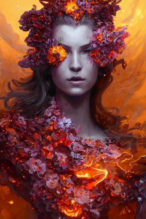 Prompt: torso closeup model wearing exploding flowers fire dress, sorcerer, diamonds, angel, fantasy, dramatic lighting, highly detailed, digital painting, holding electricity, magic the gathering, hyper detailed, 3 d render, hyper realistic detailed portrait, peter mohrbacher, wlop, ruan jia