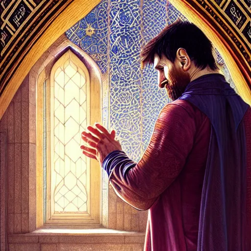 Prompt: lionel messi praying in a mosque, d & d style, fantasy, intricate, elegant, highly detailed, digital painting, artstation, concept art, matte, sharp focus, illustration, art by artgerm and greg rutkowski and alphonse mucha