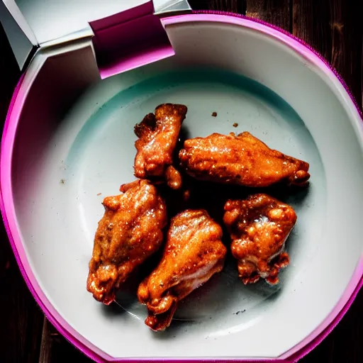 Prompt: a plate of moondust chicken wings in a pink styrofoam box, the styrofoam box is open, the wings are still warm, steam is emitting from them, hyperrealistic,