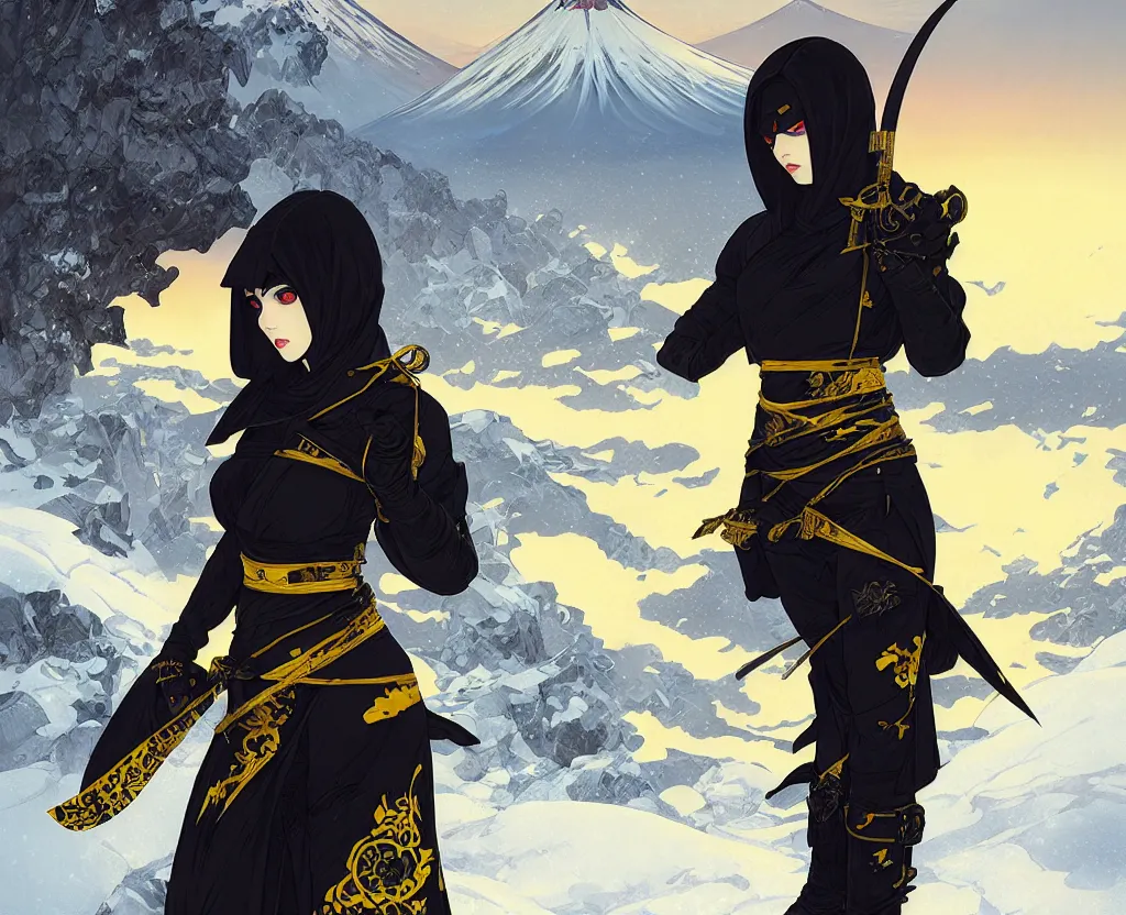 Image similar to portrait ninja gaiden girl, black plus little yellow ninja wardrobe, at snowy fuji mountain sunrise, ssci - fi and fantasy, intricate and very very beautiful, detailed, digital painting, artstation, concept art, smooth and sharp focus, illustration, art by tian zi and wlop and alphonse mucha