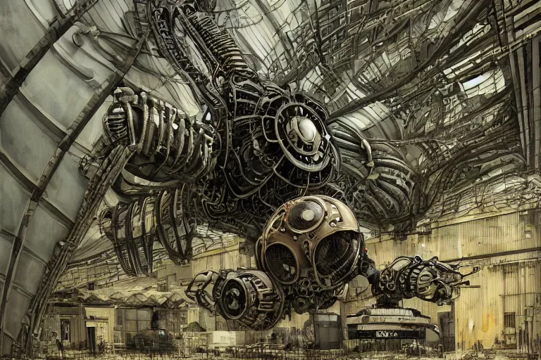 Prompt: dieselpunk huge robotic dragonfly, inside an gigantic underground concrete doom hangar, interior structure, drains, storm drains, jungle, vines, algea, cables, panels, walls, ceiling, floor, doors, brutalist architecture, intricate ink drawing, highly detailed in the style of Ashley Wood, moebius and Tsutomu Nihei, photorealistic, cinematic, intricate detail, well lit,