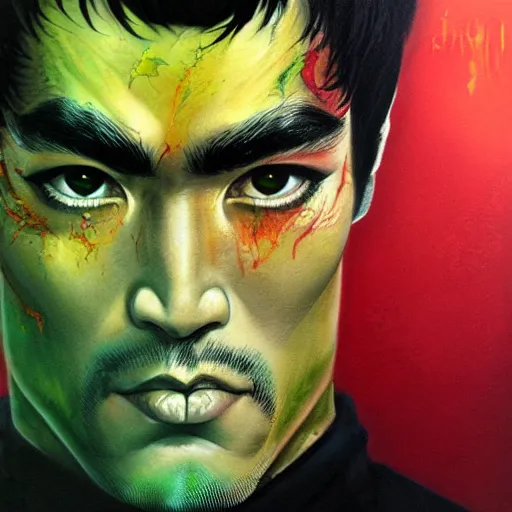 Image similar to a demon slayer portrait of bruce lee, tall, pale - skinned, and slender with lime green eyes and long eyelashes by stanley artgerm, tom bagshaw, arthur adams, carne griffiths, trending on deviant art, street art, face enhance, chillwave, maximalist, full of color, glittering