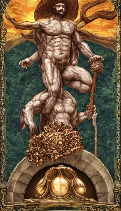 Image similar to a masterpiece hyperdetailed dnd tarot card, magnificent mushroom deity as depicted in a colossal greek marble statue ( with godlike bodybuilder physique ), hd tarot card depicting monumental statue of a mushroom god with cute large mushroom hat, hdr, 8 k, artstationhq, digital art