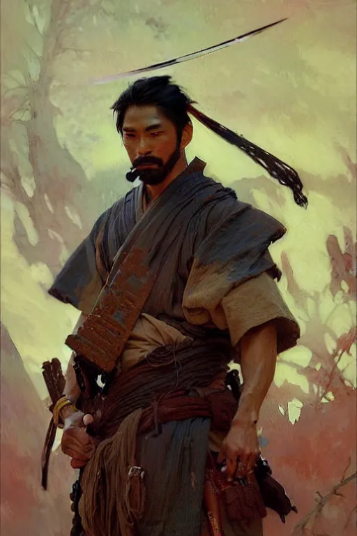 Image similar to attractive man, ghost of tsushima, cool colors, painting by gaston bussiere, craig mullins, greg rutkowski, alphonse mucha