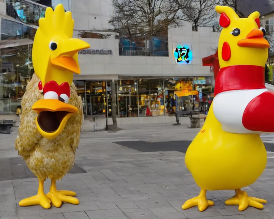 Image similar to the chicken mascot is outside of mcdonald's. it is a yellow chicken with a red mcdonald's hat on its head.