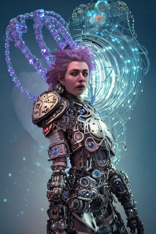 Image similar to a centered render of a majestic post apocalyptic cyborg warrior wearing armour gemstones and crystals and leather clothing surrounded by bio - luminescent jellyfish and sacred geometry, cinematic, beautifully lit, by artgerm, by donato giancola, by viktoria gavrilenko 3 d, trending on artstation, octane render, 8 k