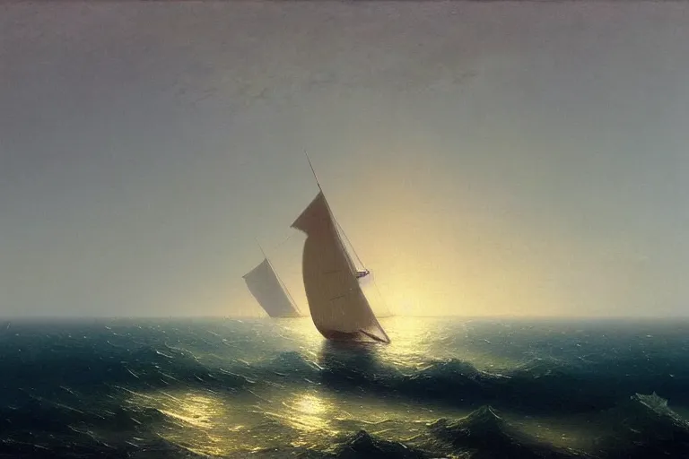 Image similar to a painting of a sailboat in the ocean by ivan aivazovsky, deviantart, american scene painting, matte painting, oil on canvas, deviantart