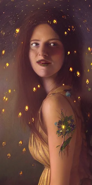 Image similar to young woman, serene smile, surrounded by golden firefly lights amidst nature, full covering intricate detailed dress, long red hair, precise linework, accurate green eyes, small nose with freckles, beautiful smooth oval shape face, empathic, expressive emotions, dramatic lights, hyper realistic ultrafine art by artemisia gentileschi, jessica rossier, boris vallejo