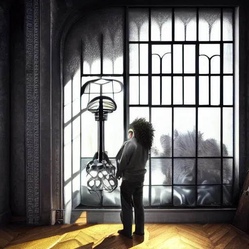 Image similar to a black man with long curly hair, with his back turned, looking at a victorian window, on deep sea, a big glowing letter K on the wall, + Cinematic Lighting + Deep Shadows + Hyper Realistic + Hyper Maximalist + Maximalist Composition + Intricate Details + Rendered in Octane + Trending on Artstation + Hall of Fame on Cgsociety + 8K portrait + 8k Post-Processing Highly Detailed + Rendered by Octane Engine + 8K Artstation 8k Detail Post Processing + Octane Render