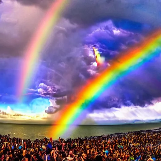 Image similar to Wide-angle shot of an epic sky battle between teams of dragons breathing rainbow fire at one another, over a weltering sea of magic.