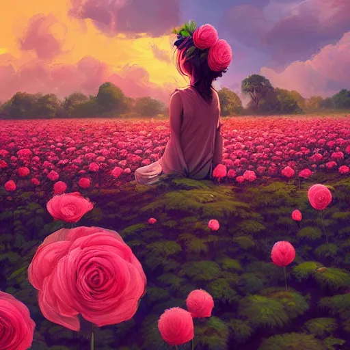 Image similar to giant rose flower head, full body girl sitting in a flower field, surreal photography, sunrise, dramatic light, impressionist painting, colorful clouds, digital painting, artstation, simon stalenhag