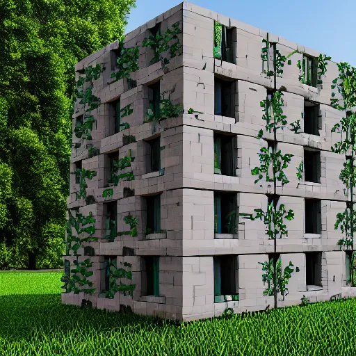 Image similar to cubic building made of bricks, overgrown with vegetation, one-point perspective, 4k, 8k