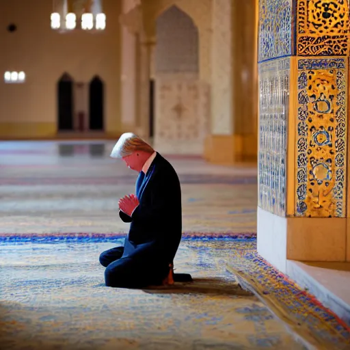 Image similar to Trump praying in mosque, award winning cinematic photography, 50 mm, blurred background, trending on Shutterstock